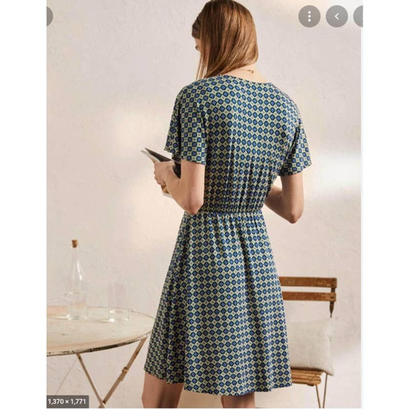 NWT Boden Women's Green Flutter Sleeve Jersey Dress in Moroccan Diamond(Sz 14R) - Picture 2 of 8